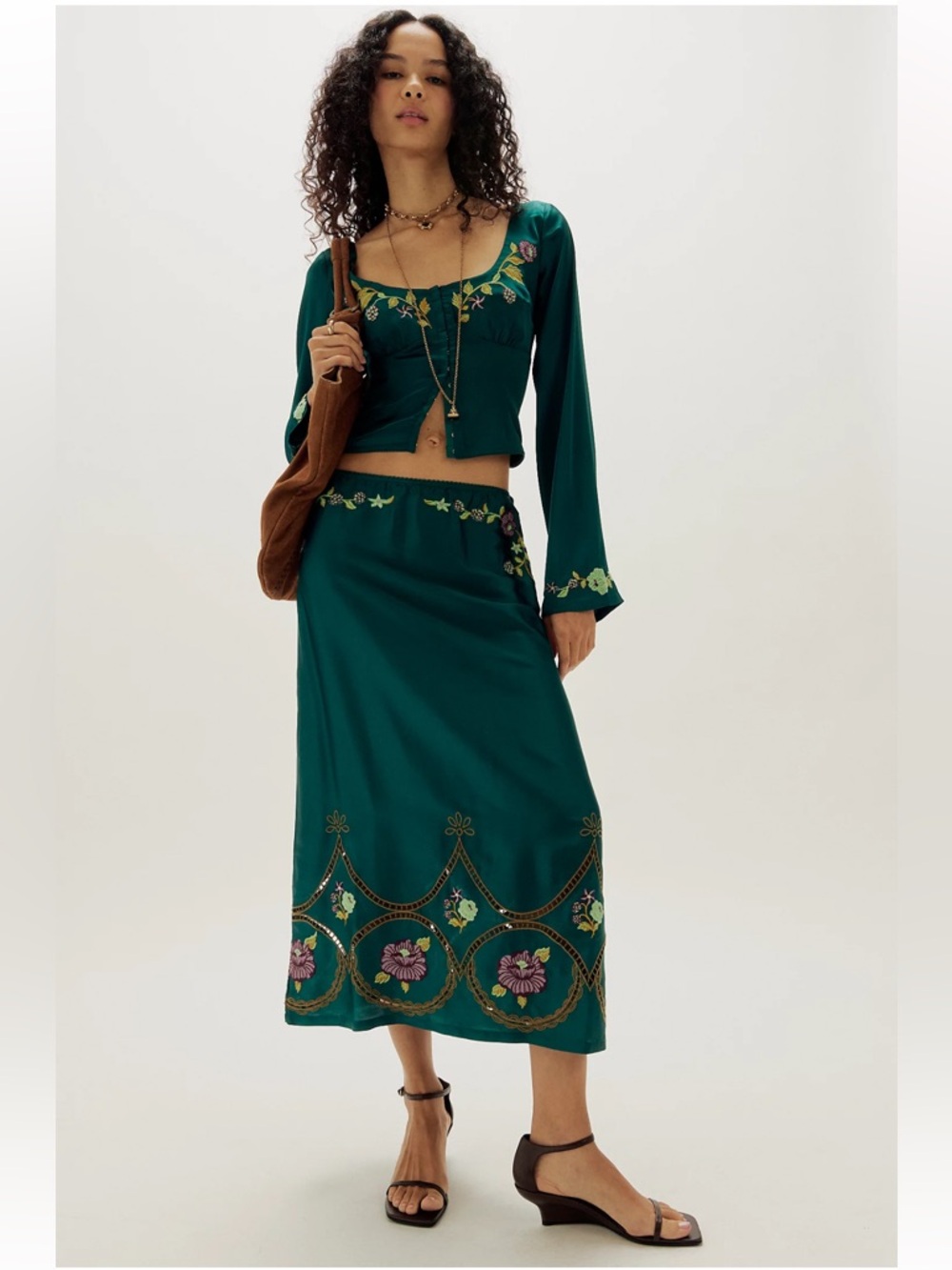 Z409. NWT Free People Autumn Bloom Midi Skirt Set Embroidered satin Teal $228